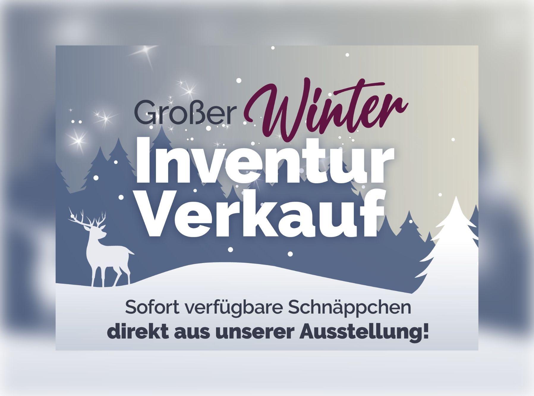Winterliche Aktionsgrafik zum großen Winter-Inventurverkauf mit verschneiter Landschaft, Tannenbäumen und Hinweis auf sofort verfügbare Schnäppchen aus der Ausstellung.