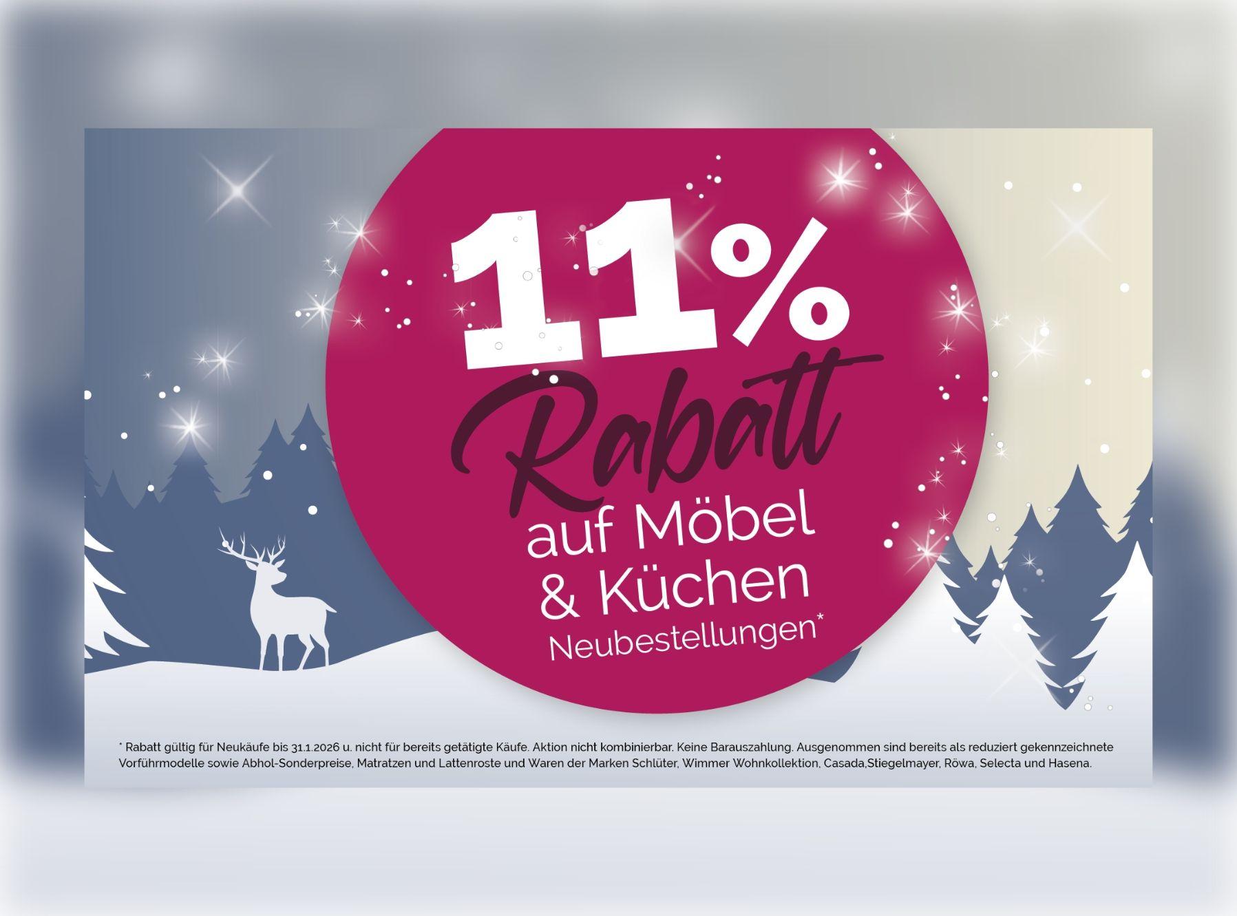 Grafik mit winterlichem Hintergrund und großem pinken Aktionskreis mit der Aufschrift „11 % Rabatt auf Möbel & Küchen – Neubestellungen.