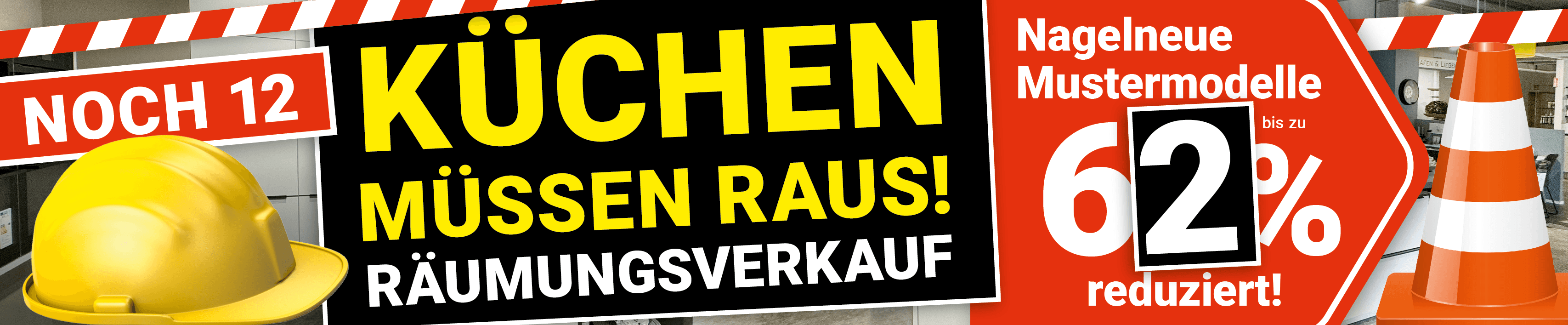 Desktop-Banner zum Melber Umbau-Abverkauf mit Ausstellungsküche, zwei Mitarbeitern und rot-weißem Absperrband. Schriftzug: „28 Küchen und 7 Bäder müssen raus – nagelneue Mustermodelle bis zu 60 % reduziert."