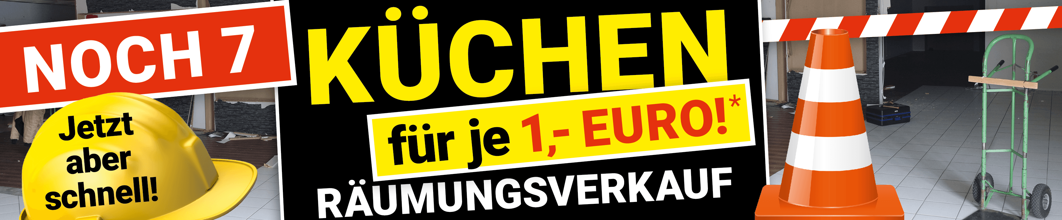 Desktop-Banner zum Melber Umbau-Abverkauf mit Ausstellungsküche, zwei Mitarbeitern und rot-weißem Absperrband. Schriftzug: „28 Küchen und 7 Bäder müssen raus – nagelneue Mustermodelle bis zu 60 % reduziert."