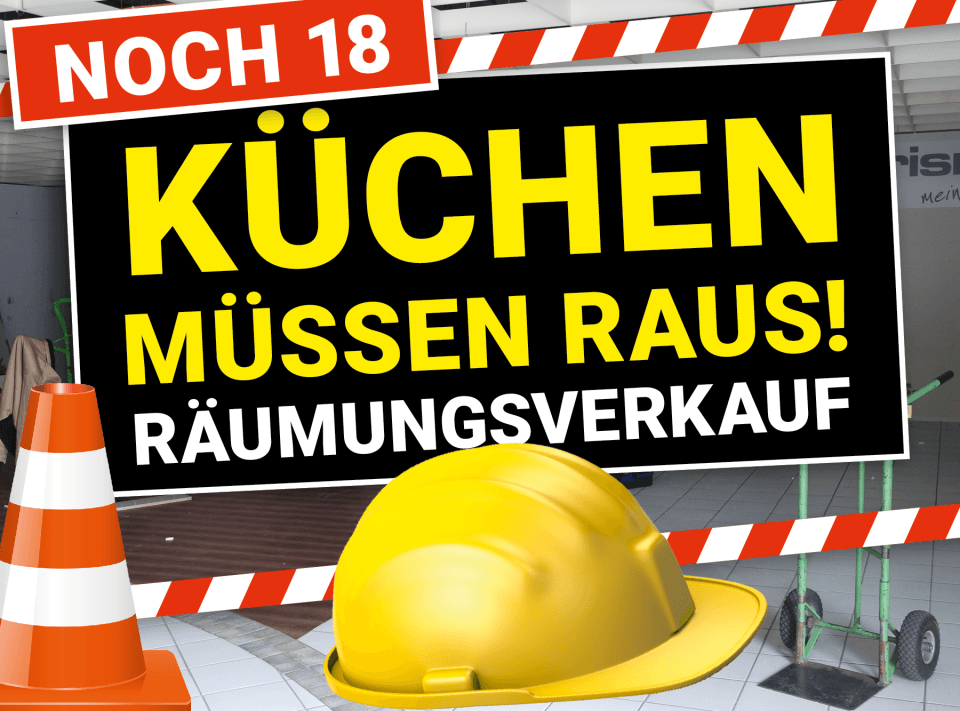 Mobiler Website-Banner mit schwarzem Aktionsfeld und Ausstellungsküche im Hintergrund. Schriftzug: „Küchen und Bäder müssen raus – Wir bauen für Sie um."