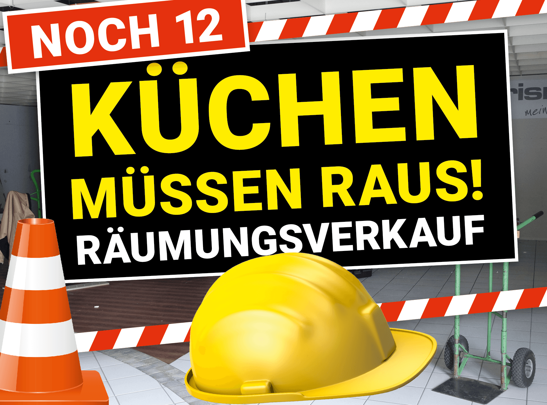 Mobiler Website-Banner mit schwarzem Aktionsfeld und Ausstellungsküche im Hintergrund. Schriftzug: „Küchen und Bäder müssen raus – Wir bauen für Sie um."
