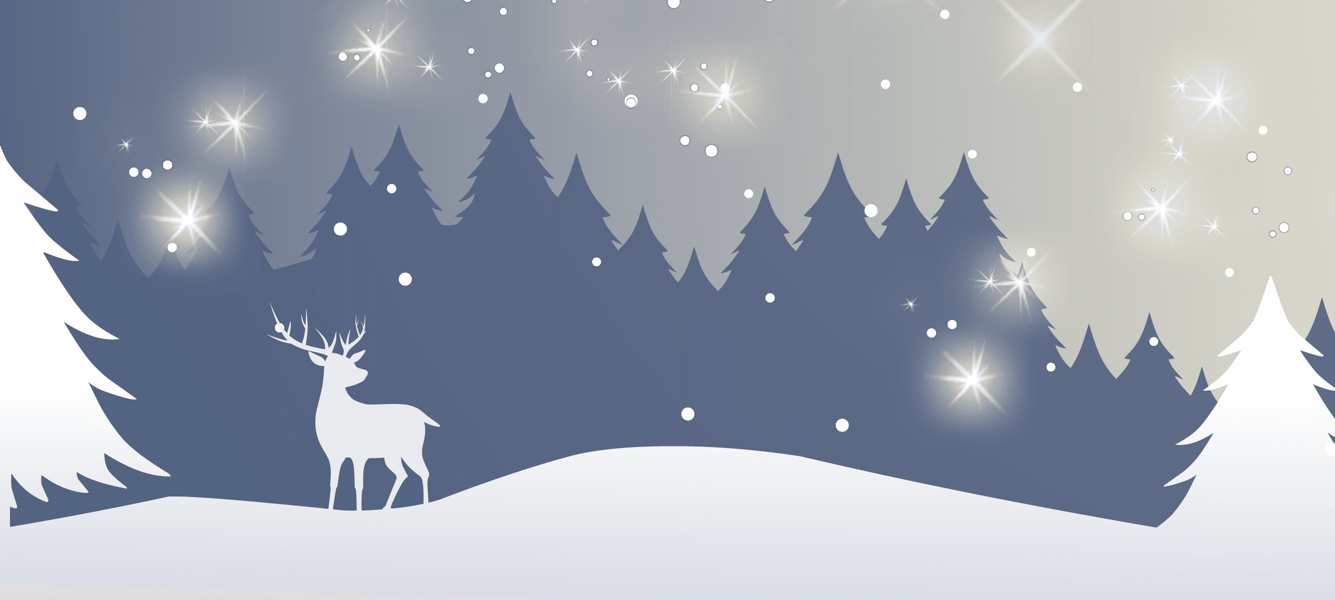 Winterliche Weihnachtsszene mit Hirsch-Silhouette, verschneiter Landschaft, Tannenbäumen und funkelnden Sternen in Blau-Weiß-Tönen.