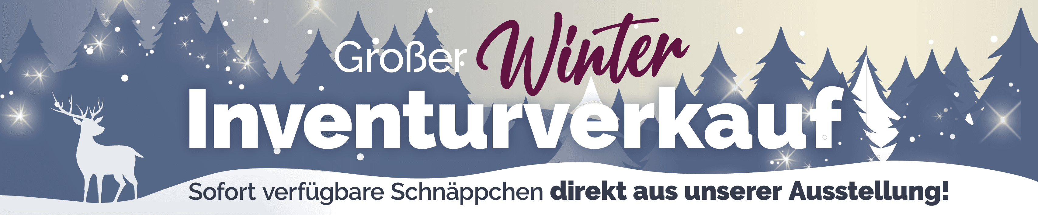 Winterliche Aktionsgrafik zum großen Winter-Inventurverkauf mit verschneiter Landschaft, Tannenbäumen und Hinweis auf sofort verfügbare Schnäppchen aus der Ausstellung.