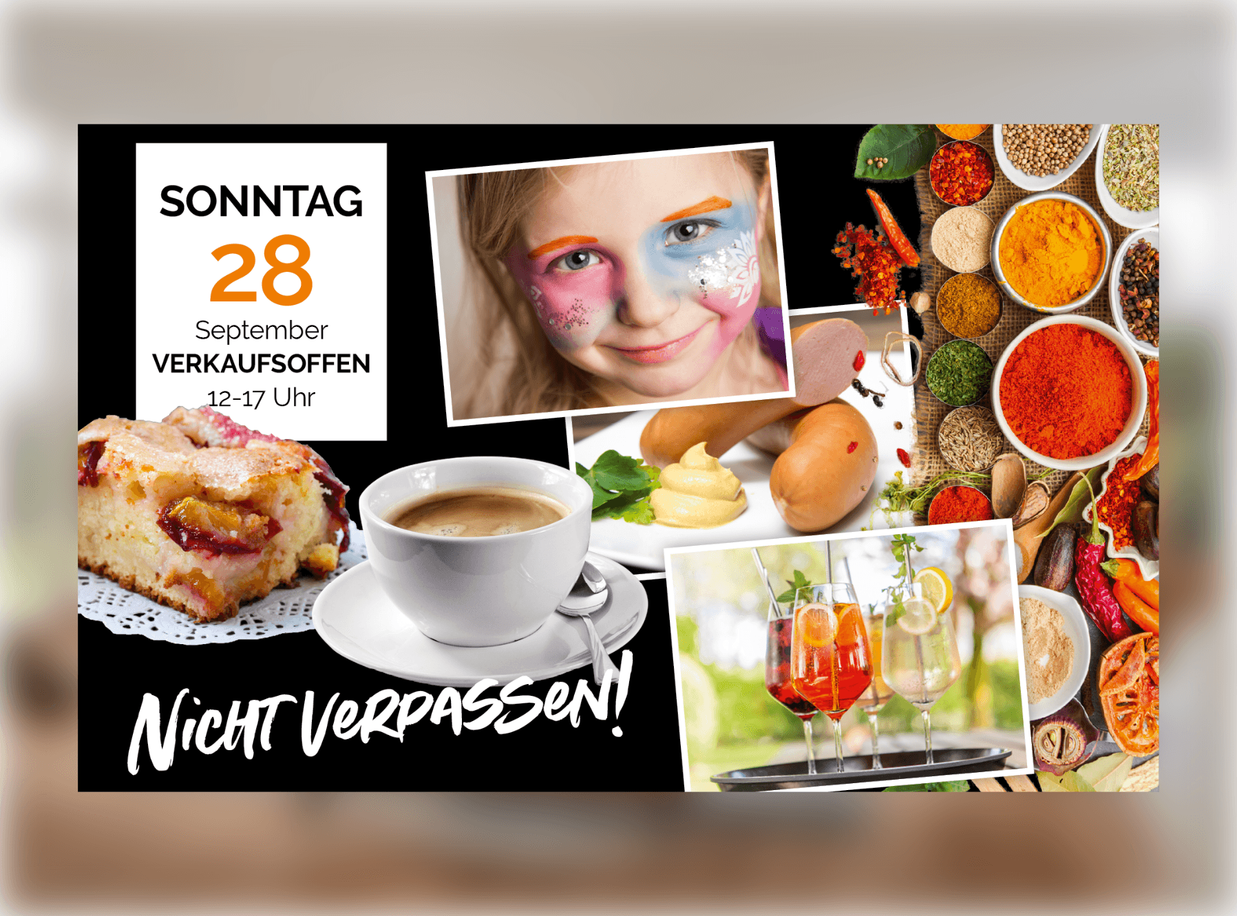 Ankündigung für verkaufsoffenen Sonntag am 28. September 12-17 Uhr, Collage mit geschminktem Kind, Kuchen, Kaffee, Gewürzen und Cocktails, Text "NICHT VERPASSEN!"