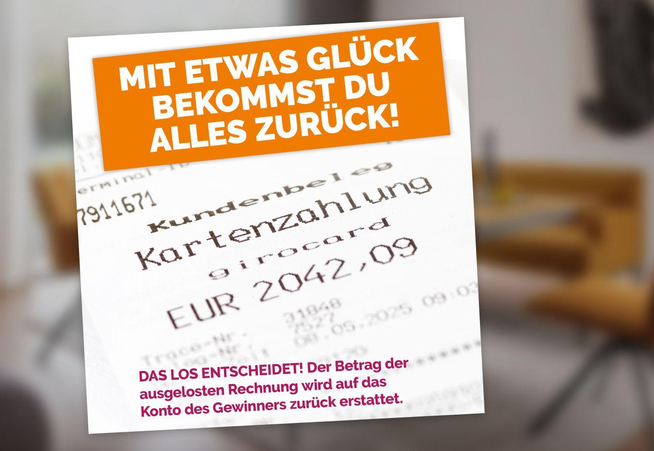 Rechnung mit dem Text 'Mit etwas Glück bekommst du alles zurück!' und der Information, dass der Betrag der ausgelosten Rechnung auf das Konto des Gewinners zurückerstattet wird.
