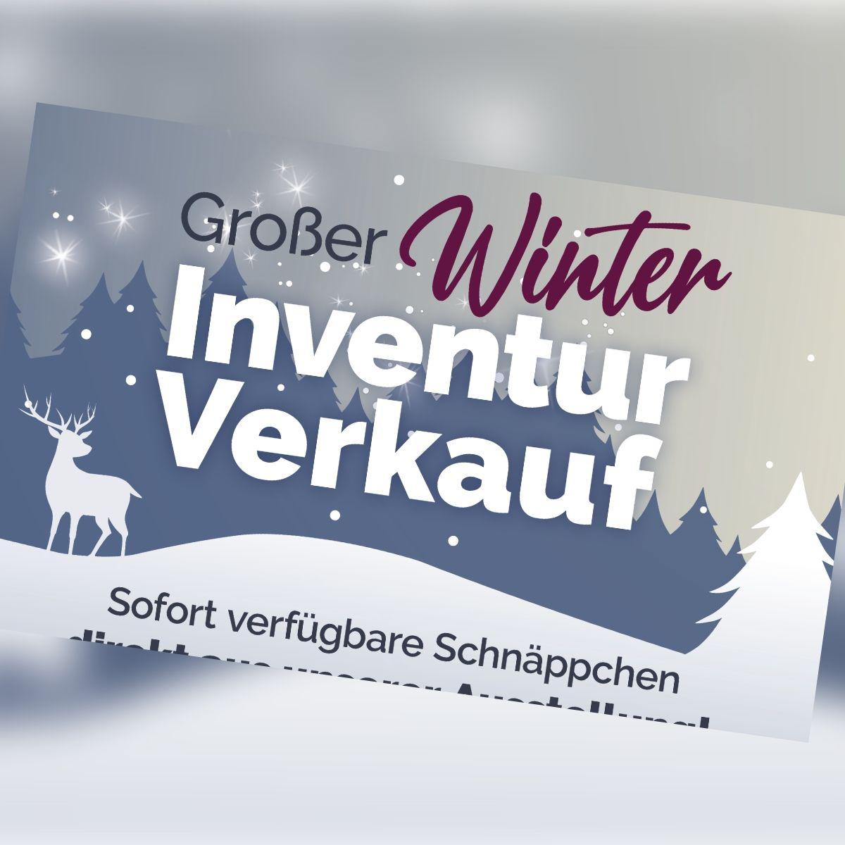 Winterliche Aktionsgrafik zum großen Winter-Inventurverkauf mit verschneiter Landschaft, Tannenbäumen und Hinweis auf sofort verfügbare Schnäppchen aus der Ausstellung..